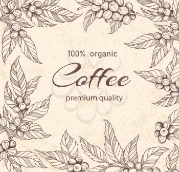 Decorative floral frame with hand drawn coffee plants and coffee beans. Vintage style. Vector illustration