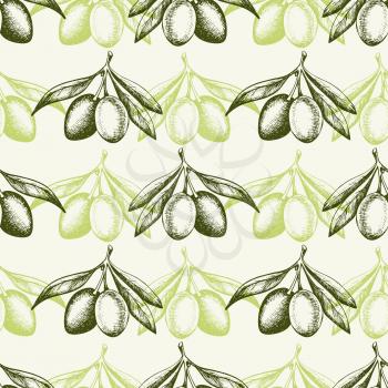 Vintage hand drawn seamless pattern with green olives. Vector background