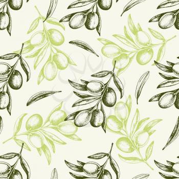 Vintage hand drawn seamless pattern with green olives and olive branch. Vector background