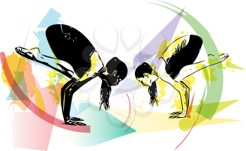 Yoga sketch women illustration with abstract colorful background