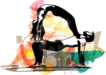 Yoga sketch couple illustration with abstract colorful background
