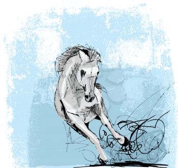 Hand drawn sketch of white horse running. Vector illustration