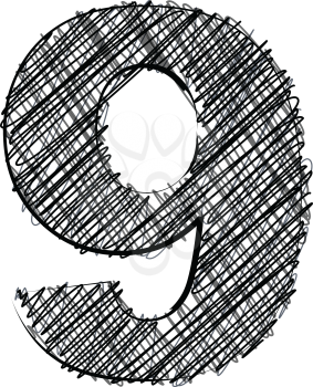 Hand draw font. NUMBER 9. Vector illustration