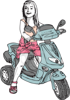 Sketch of little girl driving a Motorcicle. Vector illustration