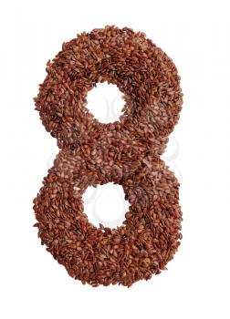 Number 8 made with Linseed also known as flaxseed isolated on white background. Clipping Path included