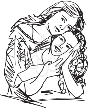sketch of family mother and child daughter vector illustration