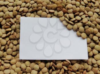 White tag on Heap of raw lentils background