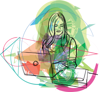 Sketch of business woman working on homeoffice. Vector Illustration