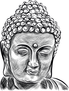 Buddha head silhouette, hand drawing vector, illustration black and white