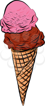 Sketch of chocolate and strawberry ice cream waffle cup on white background vector illustration