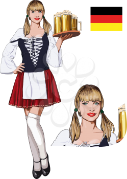 Young Blonde haired Bavarian waitress in corset, stockings and red skirt with beer glasses on tray