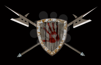 wooden combat shield with the emblem of a bloody palm centered and with two crossed halberds
