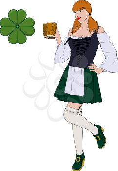 Young red-haired Irish waitress in corset, stockings and green skirt with beer mug