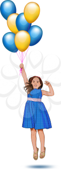 little girl in polka-dot dress flying with seven balloons