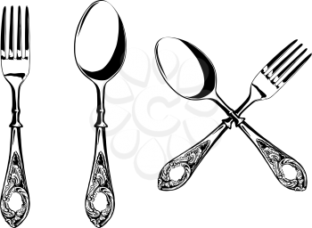 Elegant fork and spoon with decorated hilts isolated on white background
