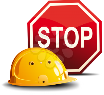 Yellow construction helmet and a red stop sign isolated on white background