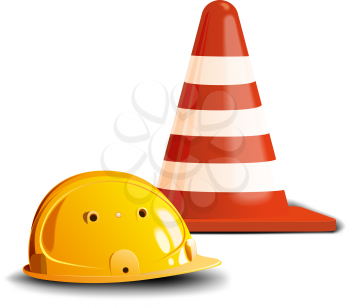 Yellow construction helmet and a red road cone isolated on white background