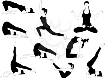 set of silhouettes young girl engaged in yoga