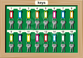 Green board in wooden frame for hanging keys from offices