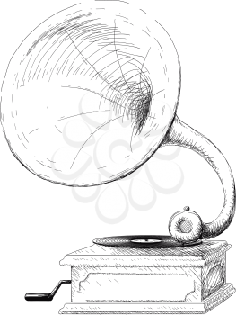 Doodle sketch of an old classic gramophone with trumpet and plate
