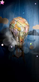 Strange steampunk balloon which flies between clouds and aims for the stars. With Smoke