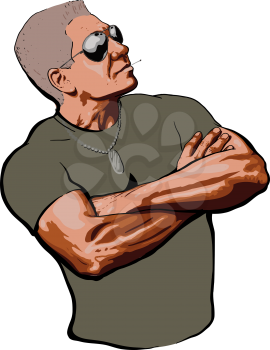 brave American Sergeant in shirt and sunglasses looks provocatively folded arms