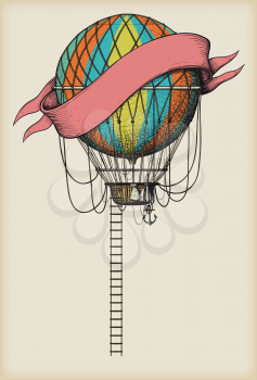 Retro colored hot air balloon with the banner and ladder on vintage beige background