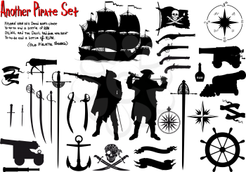 Large set of silhouettes image for true pirates with ammunition, ships and weapons