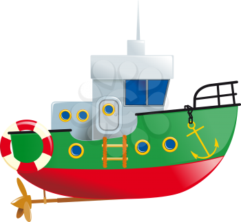 Cartoon small boat with lifeline and screw isolated on white background