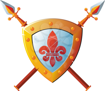 Beautiful knight shield with two crossed spears on white background