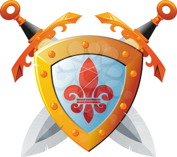 Beautiful knight shield with two crossed swords on white background