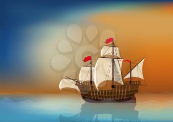 The old sailing ship in the sea at sunset with blank place for your text
