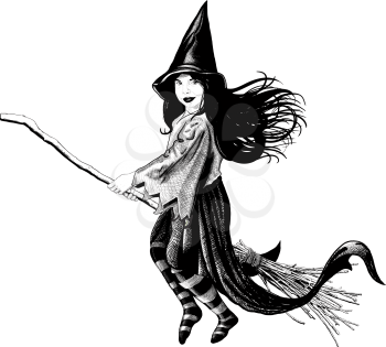 Little witch flying on her broom develop her dress and hair
