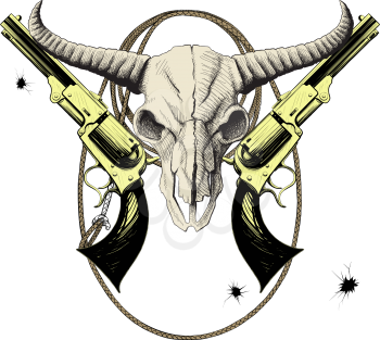 Mascot of the Wild West with bison skull with revolvers and lasso