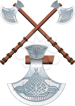 Two crossed ornate Celtic ax on a long handle