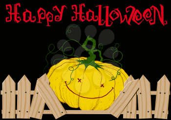 holiday card with smiling Halloween pumpkin that looks through broken fence