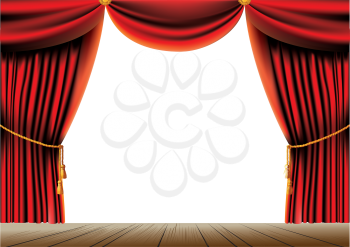 push the red theater curtain with tassels and cord and empty space in the center