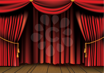 push the red theater curtain with tassels and cord and wooden platform
