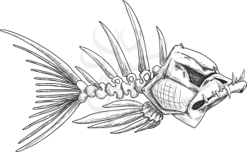 sketch of evil skeleton fish with sharp crooked teeth