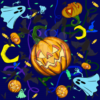 The background for the celebration of Halloween. In the mess scattered pumpkins, bats and other attributes
