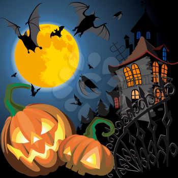 Pumpkin Halloween Card with bat, old house and moon
