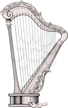 decorated harp isolated on white background. The area itself harp is a little different from the color of the background for easy isolation