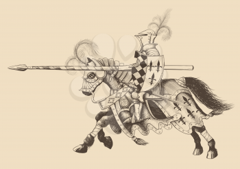Horseback Knight of the tournament with a spear at the ready galloping towards the opponent. engraving
