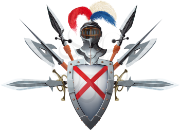 Knight's mascot with shield, helmet and bristling with weapons