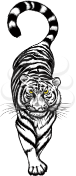 Vector illustration of black and white Crouching Tiger with yellow eyes.