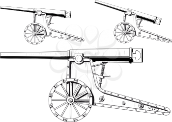 an old nineteenth-century siege cannon isolated on white background. The barrel lifted in three positions