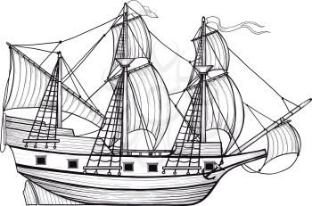 Historic sailing ship sails caravel with raised engraving drawn as