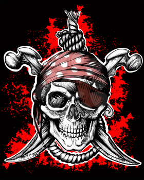 Jolly Roger, a pirate symbol with crossed daggers and a rope on the black and red background