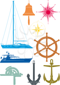 Set of marine and yachting symbols consisting of the yacht, the wheel, wind patterns and knots. Isolated on white