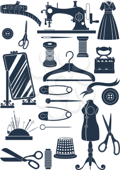 Big set of sewing accessories. Simple shapes to cut or icons
